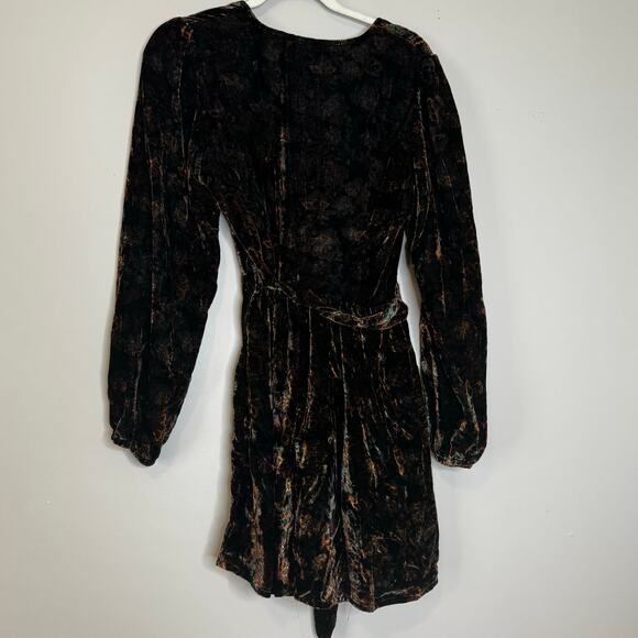 Slate & Willow Brown Floral Velvet Tie Dress Long Sleeve V-Neck Size S - Picture 8 of 11